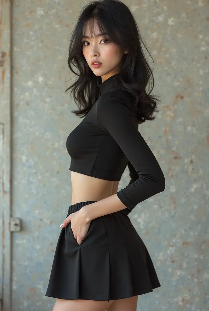 A photo realistic image of a beautiful Japanese model wearing a crop top with a mini skirt and high heels 