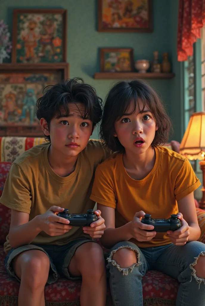 Two young people playing PlayStation3 in a room in the Dominican Republic, Are frustrated by the quality of the images 