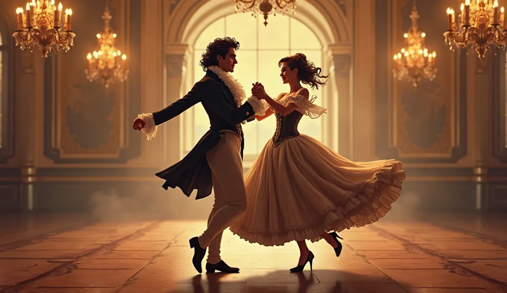 Create an illustration of a single pair of 18th-century twist dancers in an elegant ballroom setting. The male dancer is dressed in period-appropriate attire: a powdered wig, tailcoat, waistcoat, breeches, and stockings. The female dancer wears an elaborat...