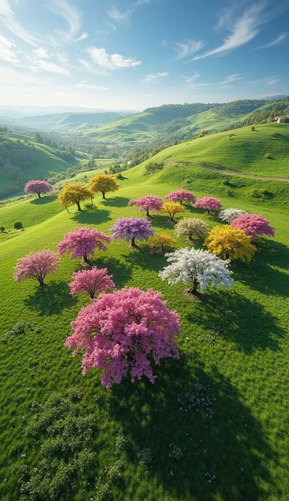 A breathtaking aerial view of a vast green field with numerous majestic Ipe trees arranged to form the words 'IPÊ ODONTOLOGIA'. Each tree is in full bloom, displaying a mix of vibrant pink, yellow, white, and purple blossoms, creating a stunning contrast a...