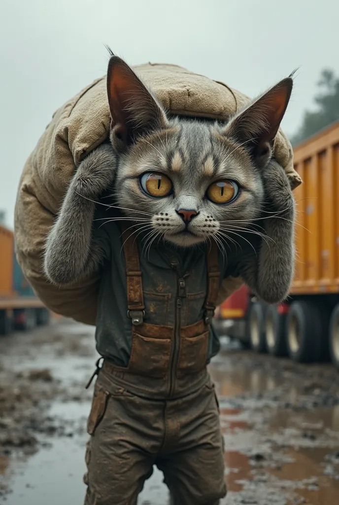 The image shows an anthropomorphic cat I am in a construction environment, appearing to be exhausted and sad. He is hunched over under the weight of a large cement bag that he carries on his shoulders, with arms hanging down, showing extreme tiredness. You...