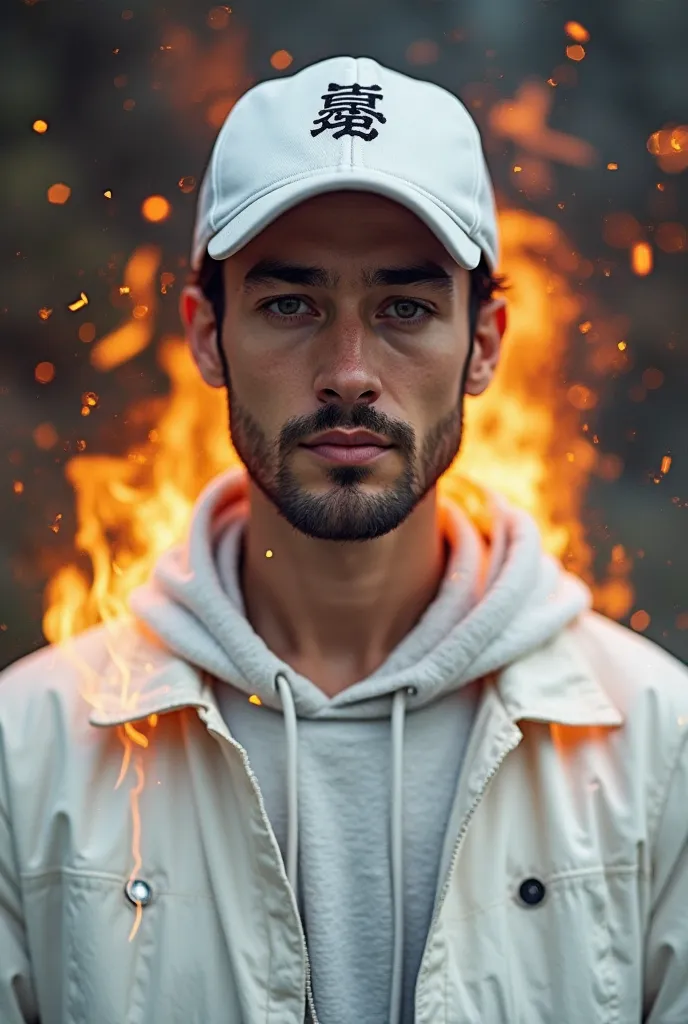 Create a photograph of a man wearing a white jacket, a white cap with a black description:"white blood cells" ,Behind the man he appears to be on fire ( notes:Man like Neutrophilus,  Japanese text  "white blood cells" Means in English:"White Blood Cell")