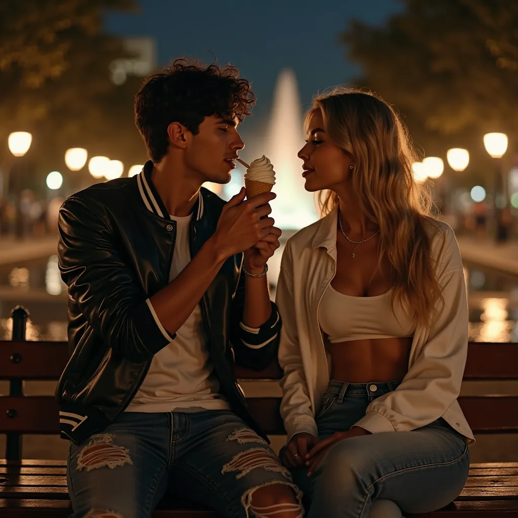 A young Spanish man in his 20s with short black hair sits on a park bench at night, feeding ice cream to a stunning 23-year-old woman. He wears a black baseball-style leather jacket over a white T-shirt, faded jeans, and classic black-and-white bowling sho...