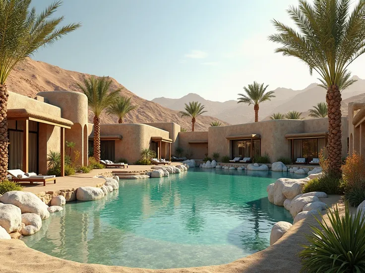 Generate image for,
like an expert luxury resort designer and sustainability consultant. Design a luxury desert resort located among of the sand dunes overlooking an oasis with palm trees, Jacaranda trees, blossom flowers, white rocks .
that generate power...