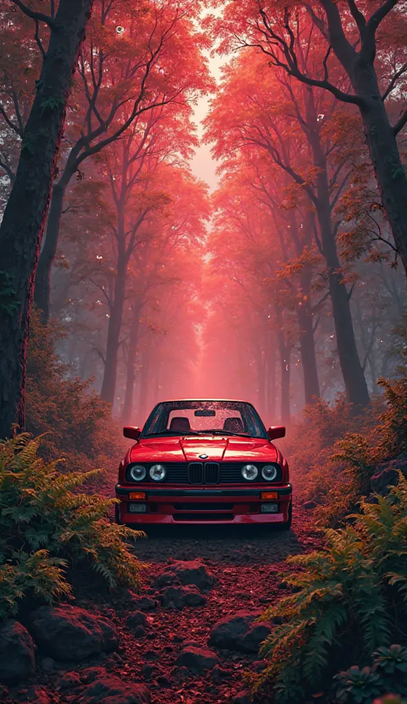 Create me an image of a BMW m3 e30 in a lush forest with reddish skies and trees with glowing eyes