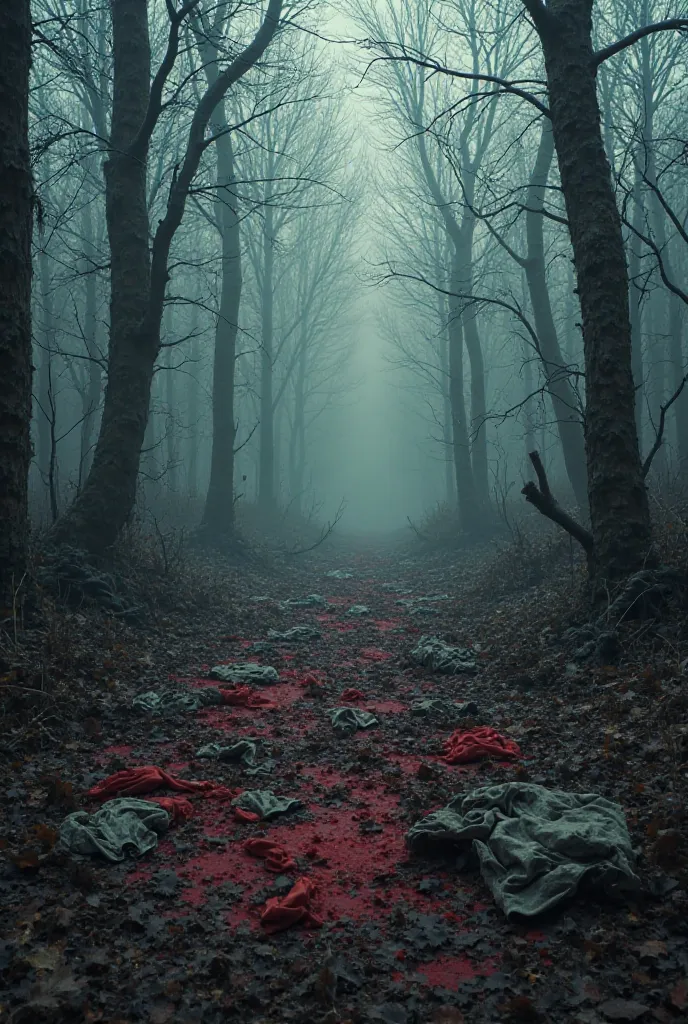 A desolate forest clearing at dawn, with torn, bloodstained clothes scattered on the ground. Deep claw marks on trees, broken branches, and eerie silence. A faint mist lingers, and the ghostly echoes of screams still seem to haunt the air.