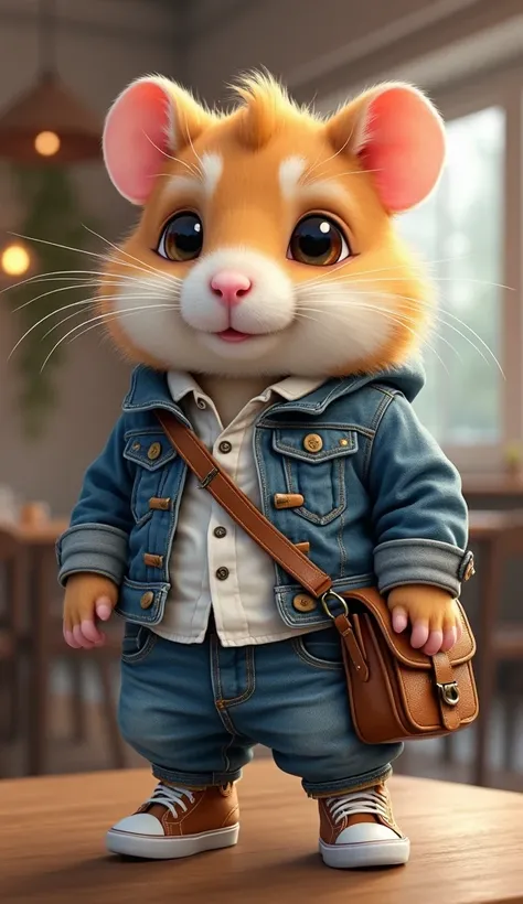 "A hyper-realistic digital painting of an anthropomorphic hamster with large, expressive black eyes and soft golden-brown fur with white highlights. The hamster has perked-up ears with pinkish tones inside, a tiny pink nose, and delicate whiskers, giving i...