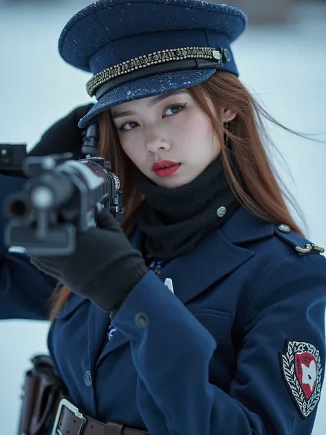 Image of Winter, a member of the K-pop group Aespa, dressed in a dark blue military-inspired costume, posing dynamically with a firearm, her face partially obscured by a bandana, conveying a sense of intensity and beauty, high-resolution image