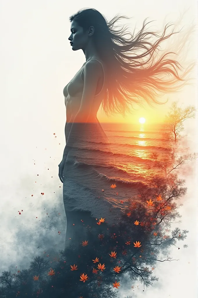 high quality, 8K Ultra HD, A beautiful double exposure that combines an goddess silhouette with sunset coast, sunset coast should serve as the underlying backdrop, with its details incorporated into the goddess , crisp lines, The background is monochrome, ...