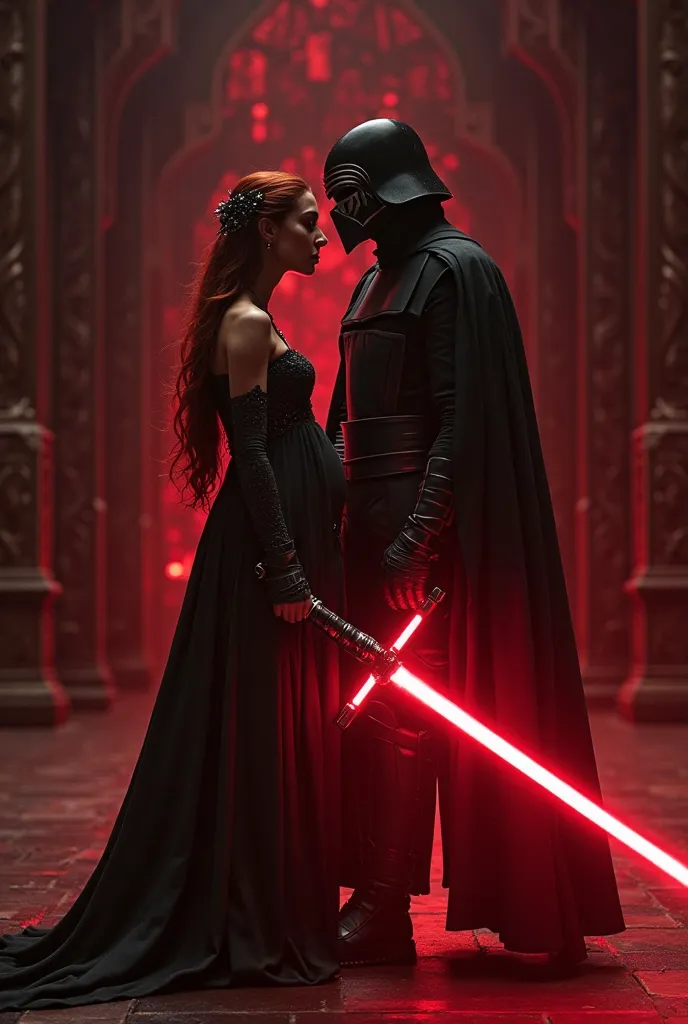 A woman with long, straight, dark red hair, with bright, intense Sith eyes, wears an elegant black dress inspired by Padmé Amidala's costumes, with luxurious details, she is dressed like an Empress. In her hands, she holds a red lightsaber, radiating a sin...