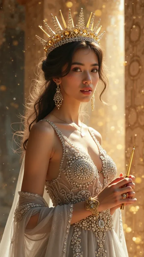  culture goddess  most beautiful and pretty golden pen and cute face silver diamond dress gold queen crown 