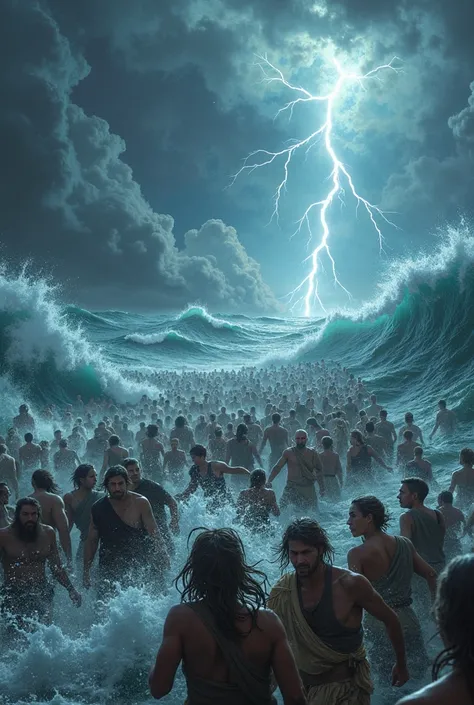 Thousands of people crossing the sea with giant waves and lightning and storm 