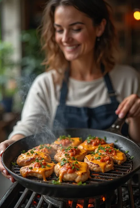 Woman enjoying cooking in a grill pan with flavorful meats,delicious cheesy sauce,warm comforting meal,mouth-watering food photography,professional culinary shot,highly detailed food texture,natural lighting,dramatic shadows,rich color tones,cinematic comp...