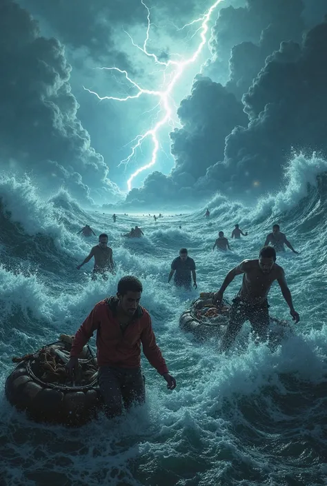 Thousands of people crossing the sea with giant waves and lightning and an ultra realistic storm 