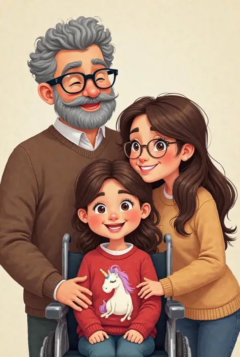 Cartoon di una famiglia smiling composta da: Tall dad, smiling con occhi marroni, gray curly hair, grizzled beard and mustache. She has black Rayban glasses and a brown sweater. In the center is a girl of about eight years old, smiling, She has brown eyes ...