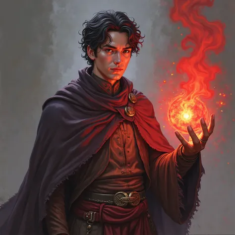  a person holding a red fireball in their hand, a character portrait by Yang J, Artstation, fantasy art, caleb from critical role, as a dnd character, young shadow mage male, l critical role, mage, picture of a male cleric, dnd character, kaladin stormbles...