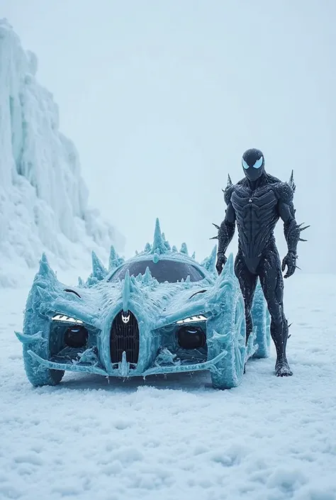 "In a frozen world covered in endless ice and snow, Venom stands tall, his black symbiotic body contrasting sharply against the white landscape. The freezing wind howls around him, but the cold does not bother him. Beside him stands a monstrous ice-car, cr...