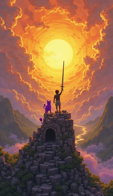 A breathtaking, victorious 90s Skybox-style illustration of the baby and lion cub atop the ruins of the fallen castle, bathed in a radiant golden dawn. The baby raises their sword triumphantly, its fiery aura now softened into a warm, glowing light that ca...