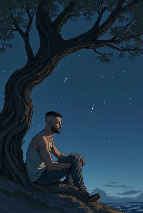 Anime male looks around 30's with buzcut that is looking at the sky with night background and shooting stars sitting under the tree