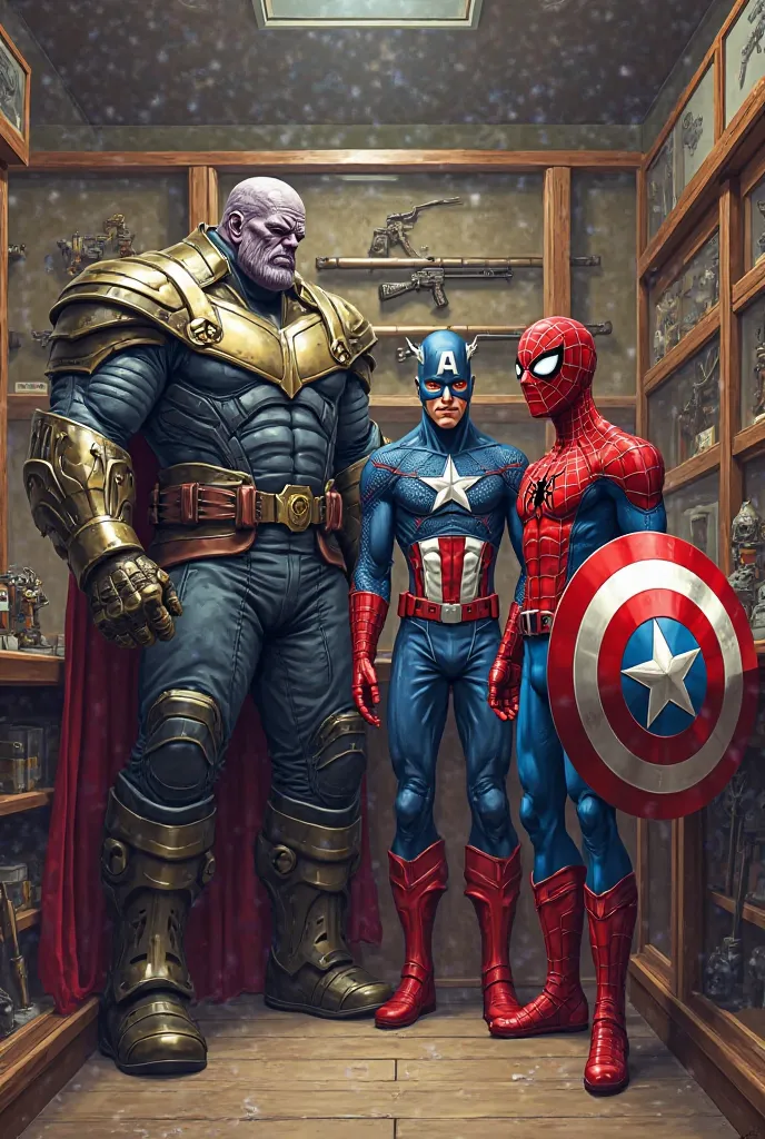 "thanos, Capitão América e spider-man estão em uma loja de armas, with several shelves and display cases showing weapons of different types. thanos, imposing and with his armor, he is next to Captain America, who wears his classic suit with the shield. spi...