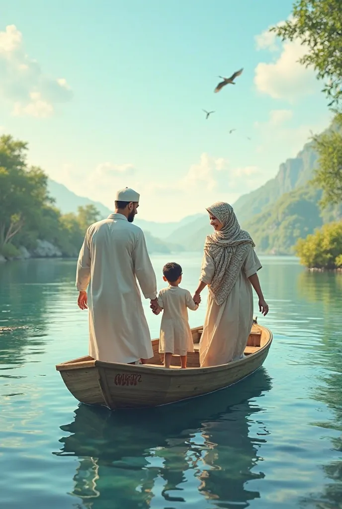 A family of four Two s one boy one girl Going for a boat ride with parents Muslim family