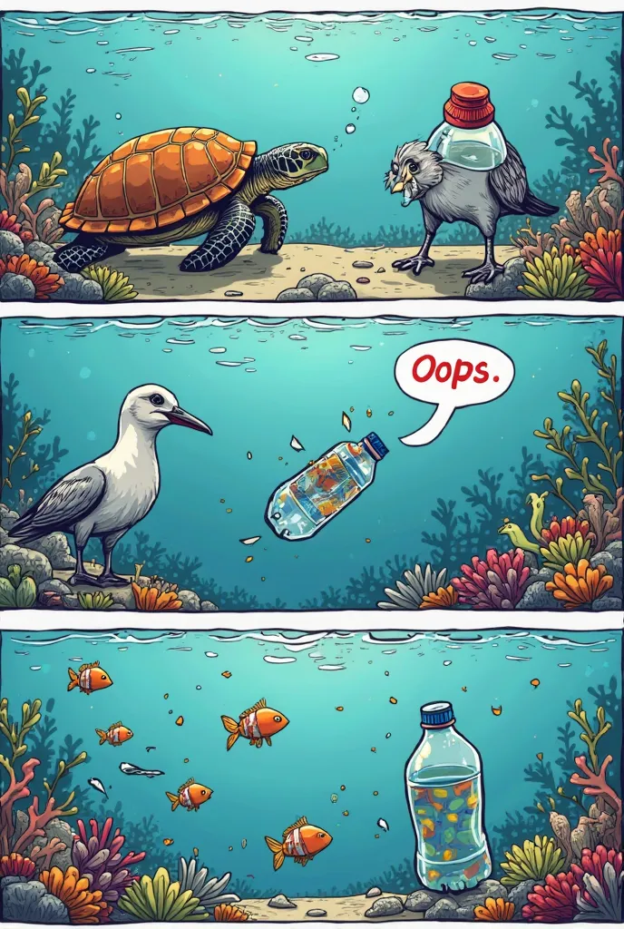 A detailed comic-style illustration showing how marine life interacts with plastic waste. Panel 1: A turtle looks annoyed as it finds a plastic bottle stuck on its shell. Panel 2: A seabird accidentally grabs a plastic bottle cap, thinking it's food. Panel...