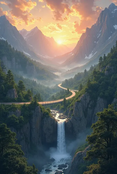 Create a mountain landscape with many trees a waterfall a road between the mountains with sunsets lots of peace peace serene air image that conveys the presence of God