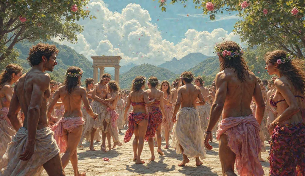 Generate a realistic image of a spring festival for God Bacchus, with naked people getting drunk, In ancient times 