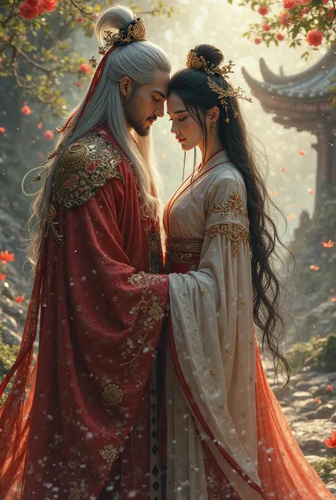 Magical fantasy, beautiful woman, 20 years, red ancient Chinese attire, long black hair, leaning against a well-built young handsome man, 25 years, looks dangerous, long white hair, black and gold ancient Chinese robes, magical realm vibes