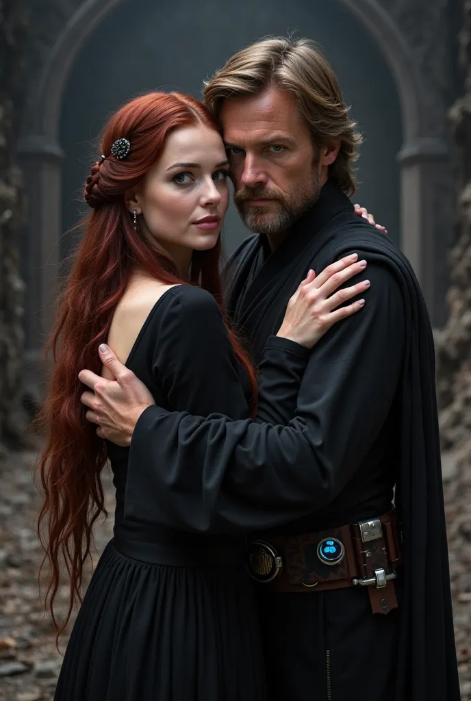 A woman with long, straight, dark red hair and intense Sith eyes is wearing an elegant black dress inspired by Padmé Amidala's attire, with luxurious details. Despite her connection to the Dark Side, she is being embraced by Luke Skywalker, who wraps his a...