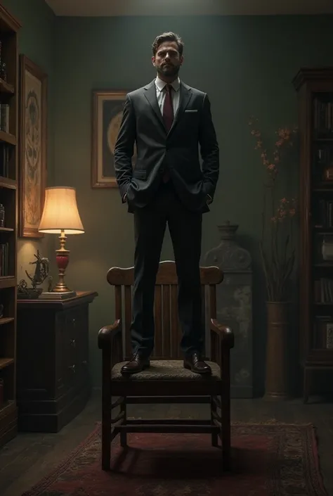 A man standing on chair in a room 