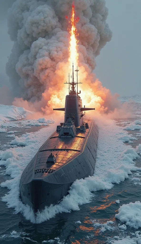 A Russian nuclear submarine emerges from icy waters, its missile hatches opening. Seconds later, an ICBM erupts from the vessel, piercing through the clouds as its boosters ignite.