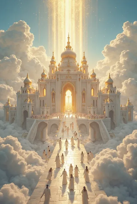 A dazzling and imposing celestial city, floating majestically above the clouds. The buildings are colossal and of a pure white horizon, so radiant that they have become divine light, reflecting a celestial glow. Golden details, as radiant as our glitter, a...