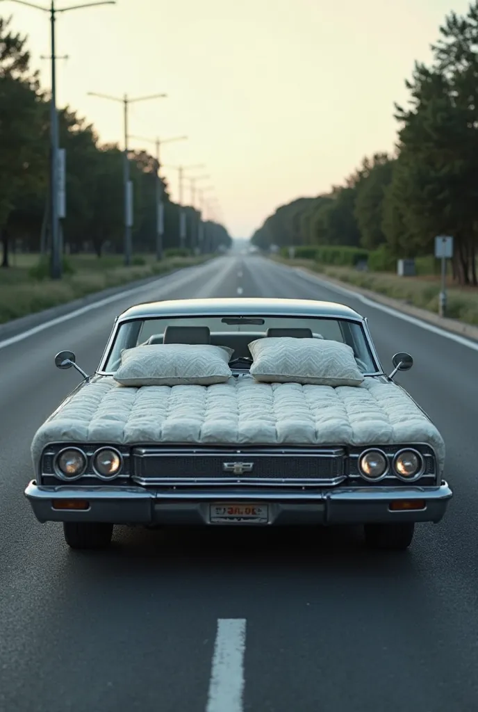 A car shaped like a bed, positioned in the middle of a road. The car has a flat, mattress-like body with pillows and blankets, combining elements of both a vehicle and a bed. The road is paved and stretches into the distance, with a clear sky or soft light...