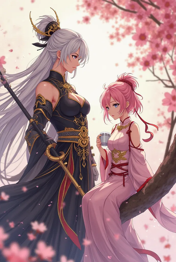 anime promotional poster style, powerful warrior woman (武: 2m tall, silver long hair, black and gold combat qipao with dragon belt, holding spear casually) × gentle creator goddess (优: pink short hair, modernized hanfu dress with floating ink ribbons), sit...