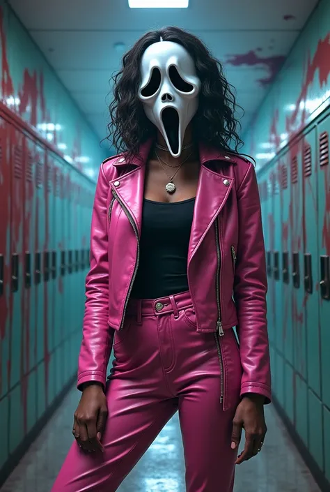 Tiana Rogers wearing a real Ghostface mask wearing pink leather pants black tank top pink leather jacket cartoon background dark eerie school 