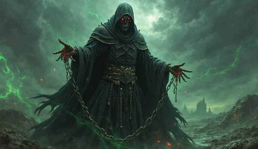 A dark sorcerer, clad in tattered black robes fused with ancient metal plates. His skeletal hands crackle with cursed energy, and his face is hidden beneath a jagged obsidian mask. Glowing crimson eyes pierce through the darkness, while spectral chains flo...