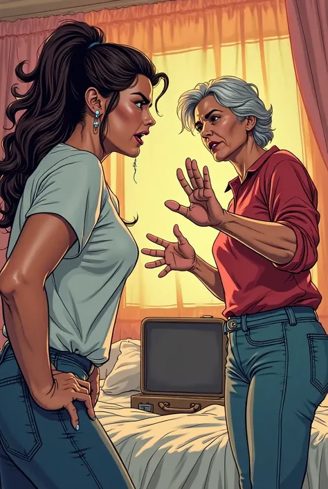 Young woman arguing with her mother with an open suitcase on a bed in the background. With a comic book style 