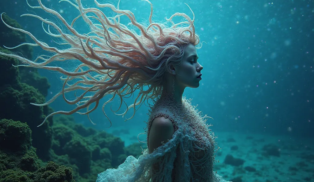 Hr giger inspired Surreal underwater photo of a pale goddess with hair intertwined with corals and seaweed, gently swaying undulating hair, tendrils erupting from the skin, octopus suckers covering the body that is naked, swimming unusual and ethereal this...