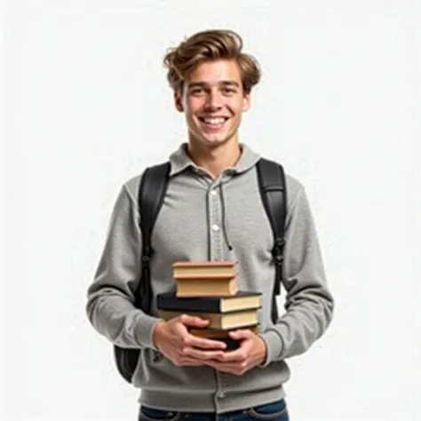 A young European student with fair skin and light brown hair, standing confidently against a plain white background. He is holding books in his arms, wearing a casual outfit with a backpack, and has an excited expression as if preparing for his study abroa...