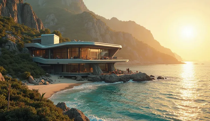 a cyberpunk house on a beach view at sunrise