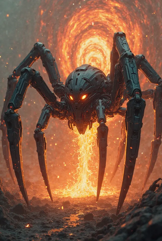 black robot spider with a lava-colored core