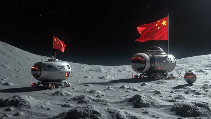 A lunar city with scientific bases, where a Chinese flag flies on the gray surface.
