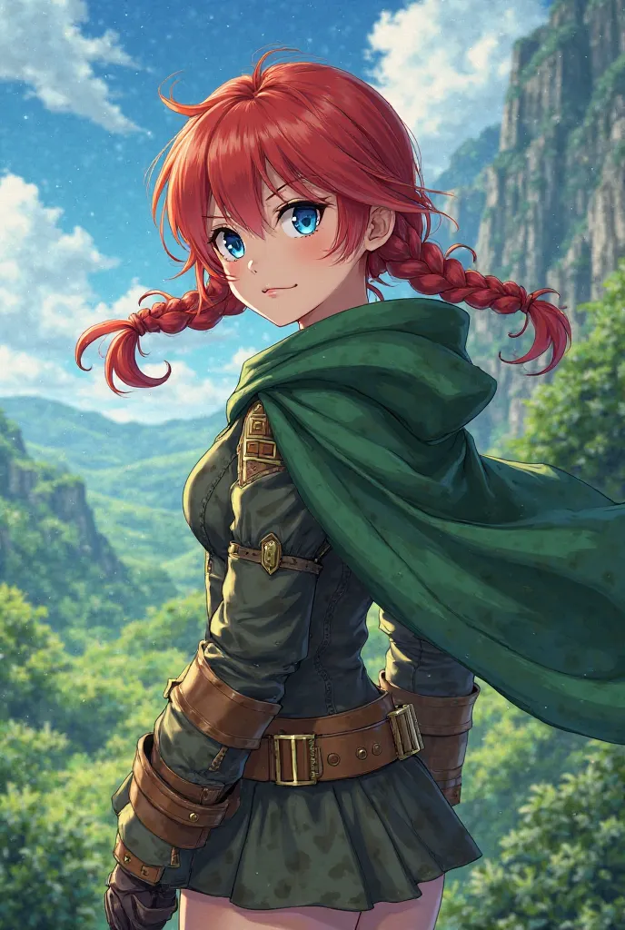 scouting legion, red hair, Attack On Titan, girl, Braided Pigtails, cool girl, Mushoku Tensei style, green cloak, green background, blue eyes