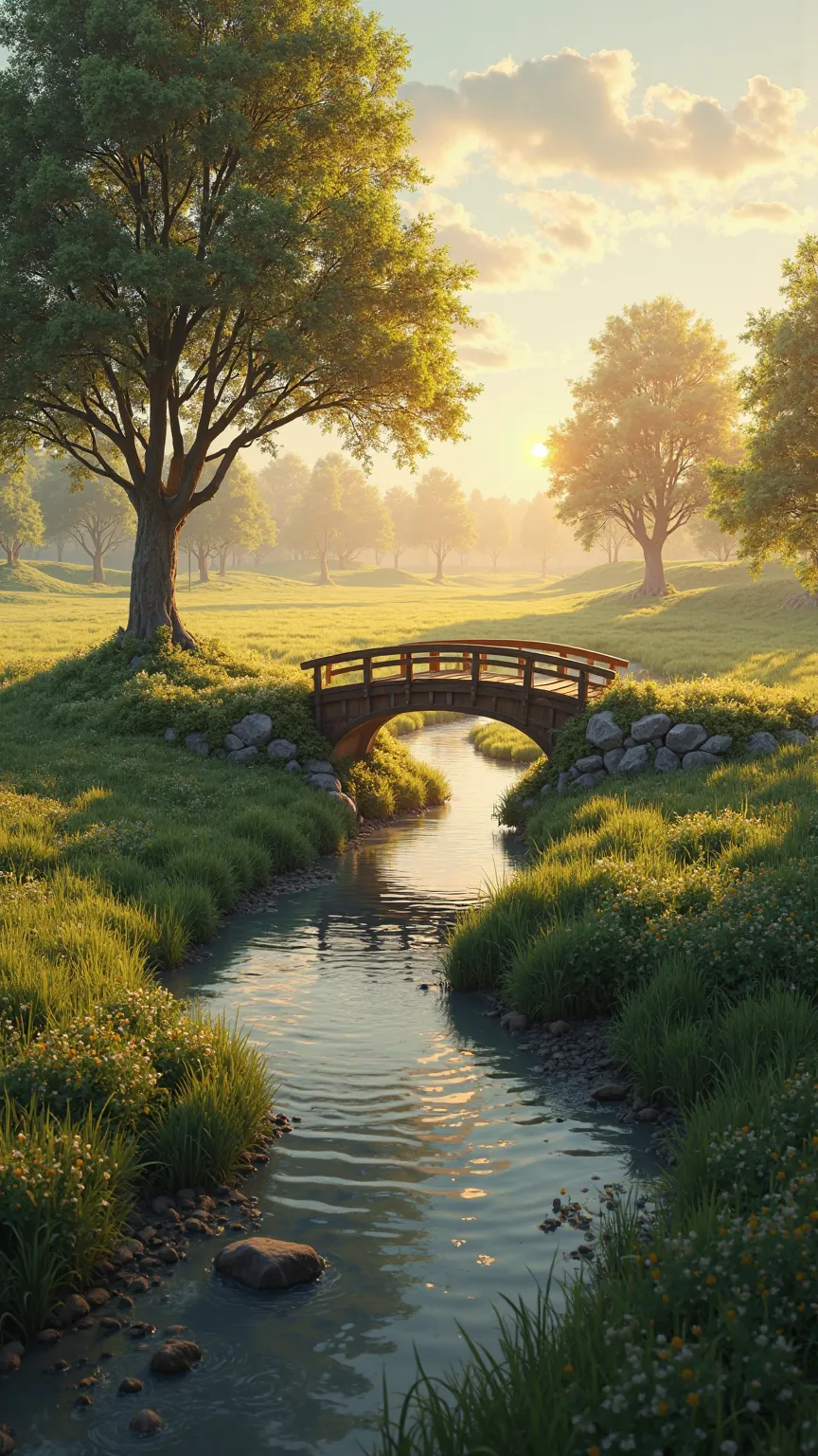 realistic photo of a field, with trees and a bridge passing over a small river, at sunset time, orange sky. (photo realism, realistic lighting, realistic texture). img_1025.heic