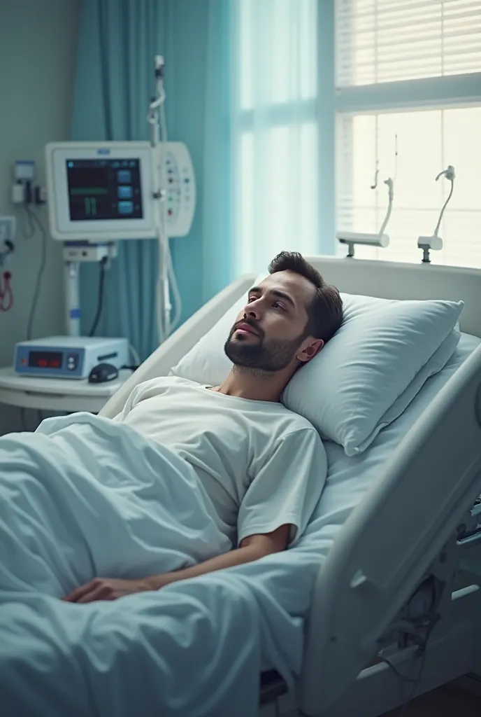 Hospital room and man lying in bed