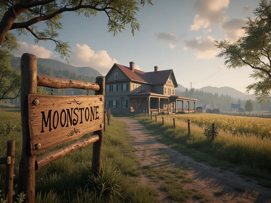 An image of a beautiful family farm showing a hand-carved sign written MOONSTONE with the appearance of Red Dead Redemption2 and with a beautiful mansion and a large field of plantations in the image, all with a theme from the years 1899