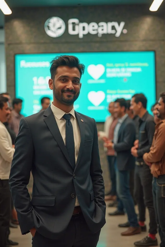  Boy Rahul, now in a professional suit, stands confidently in front of a modern office with a company logo related to agriculture. A large digital screen behind him shows stats about farmers benefiting from his platform. Nearby, happy farmers are gathered,...