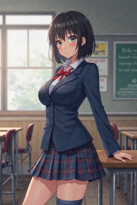 masterpiece, best quality, illustration, Super Detailed, Details, High Resolution, 【8k,wallpaper,  Perfect Dynamic Combination ,(High quality details, Realistic eye depiction:1.3), from the side,  High School Classroom、 High School Girl 、 Suit Jacket  、  U...