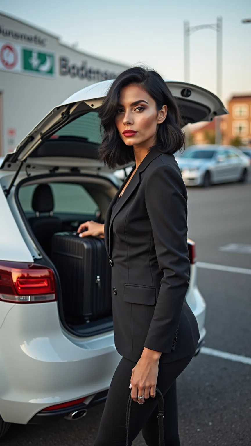 A stunning female model with medium-length jet-black hair styled in a sleek bob. She stands in a parking lot during the daytime, next to her car with the trunk open. She is reaching into the trunk, grabbing a suitcase. The Bodenseeklinik sign is visible in...